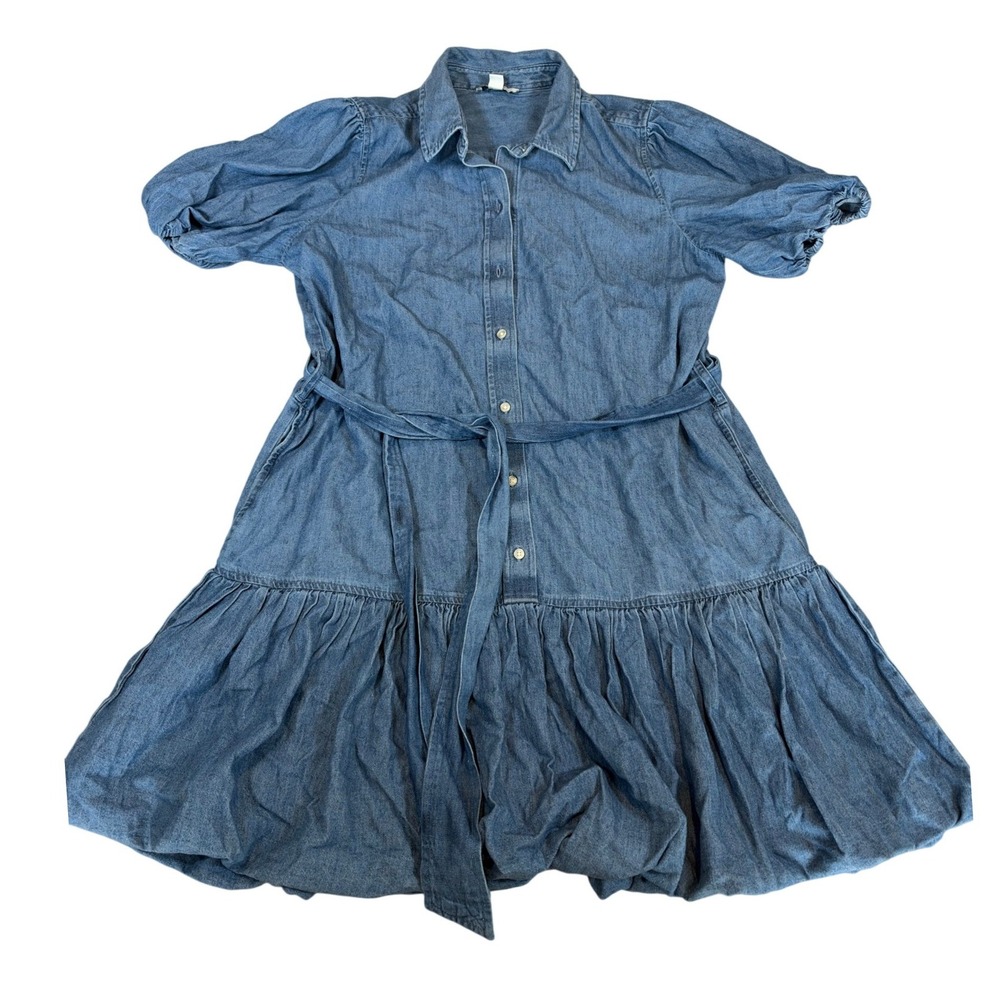 Free Assembly Puff Sleeve Denim Mini Dress M Blue Tiered Ruffle Hem